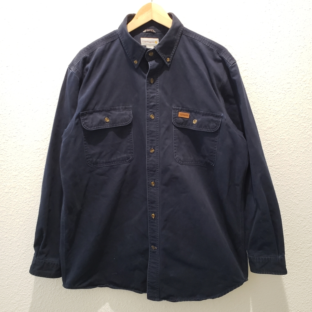 Vintage Carhartt Button Down Heavy Duty Long Sleeve Work Shirt Men's sz L Blue